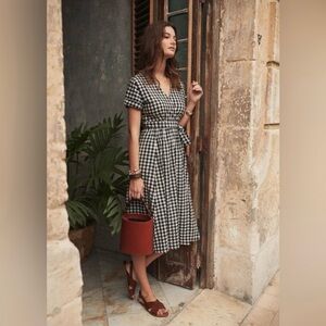 Sezane Gabrielle Black White Gingham Cotton Wrap Midi Dress size 36 / US 4